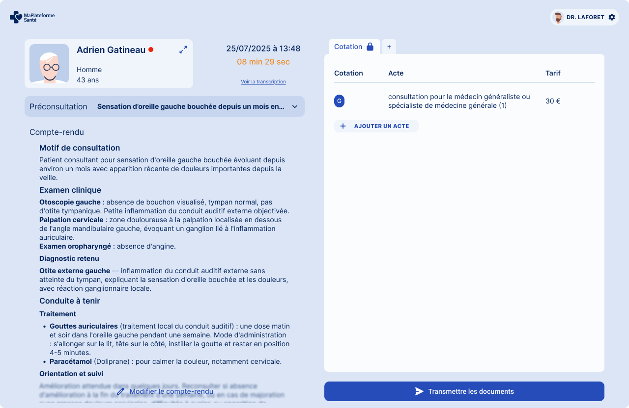 Interface médecin Ma Plateforme Santé — compte-rendu automatisé et cotation